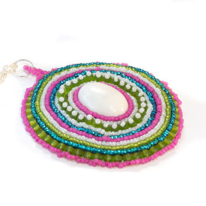 Beaded Pendent // Necklace // Bead Embrodery // Pink, Blue, Green, White // Beadwork // Seed Beads // Howlite