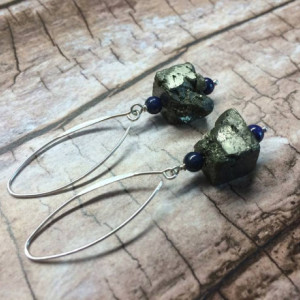 Lapis lazuli and chunky pyrite sterling silver long dangle modern earrings, gift for her, simple style jewelry, minimalist stars and sky