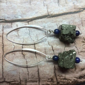 Lapis lazuli and chunky pyrite sterling silver long dangle modern earrings, gift for her, simple style jewelry, minimalist stars and sky