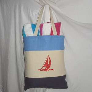 Back to School Nautical Themed Tote Bag~ Beach Bag Red, White & Blue with Sailboat Embroidery (Both Sides)