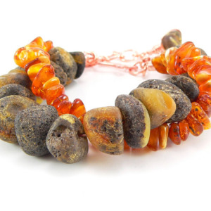 Chunky Double Strand Baltic Amber (Nugget, Polished) and Copper Adjustable Bracelet - 7 inches to 8 inches - Natural, Pain Relief, Earthy