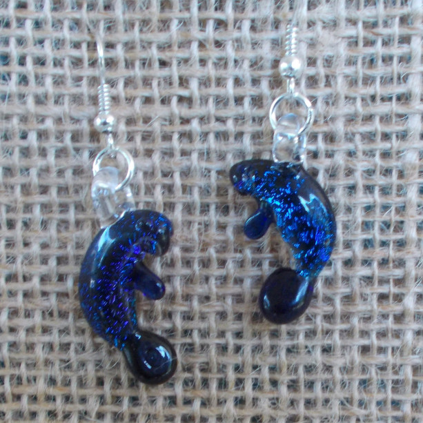 Hand Blown Dichroic Glass Cobalt Manatee Earrings, Hanging, Post or Clip On