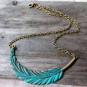Faux Patina Metal Feather Necklace, Boho Chic Feather Necklace, Rustic Necklace, Boho Chic Jewelry, Nickel Free Necklace