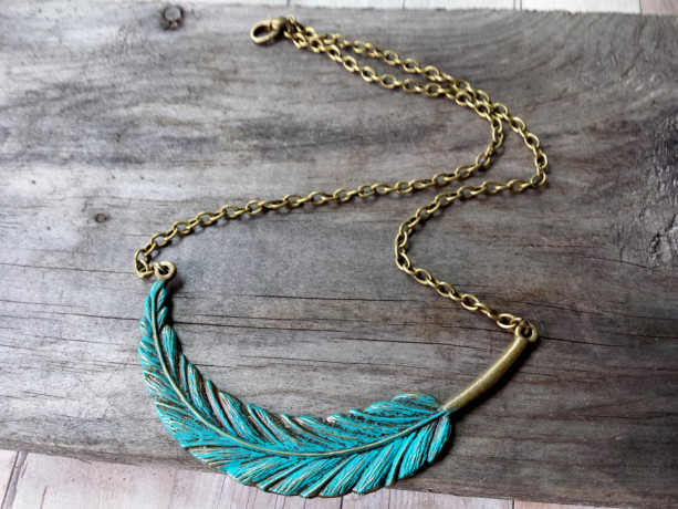Faux Patina Metal Feather Necklace, Boho Chic Feather Necklace, Rustic Necklace, Boho Chic Jewelry, Nickel Free Necklace
