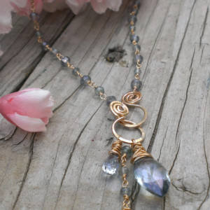 Blue Quartz & Gold-Filled Link Necklace with Gemstone Charms and Hanforged Front Clasp