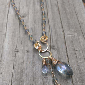 Blue Quartz & Gold-Filled Link Necklace with Gemstone Charms and Hanforged Front Clasp