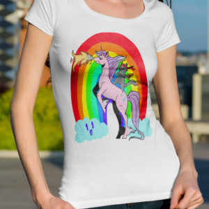 Women's Brave Cat Riding a unicorn Holding A gun in front of a rainbow S - XL Shirt