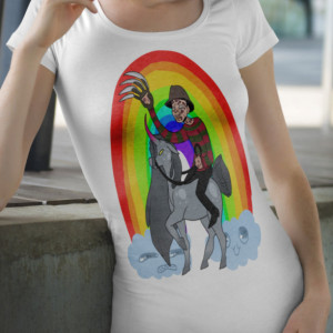 Women's Freddy Nightmare on elm street unicorn rainbow white shirt