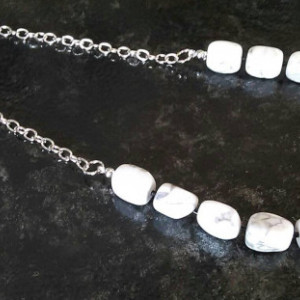 White stone necklace with silver chain, 9 inches long