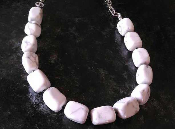 White stone necklace with silver chain, 9 inches long