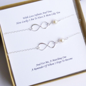 Mother Daughter Set of Two Sterling Silver Infinity Bracelets with Gift Messages