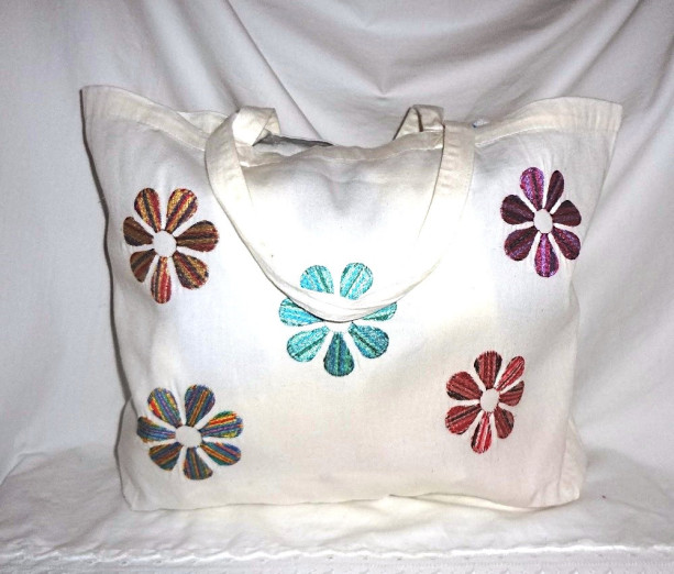 School Hippie Flower Power Book Bag ~ Tote Bag with Colorful Embroidery (Both Sides)