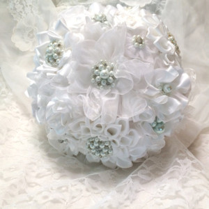 White pearl and rhinestone brooch and satin ribbon bouquet, White pearl and rhinestone brooch bouquet, White broach and fabric bouquet