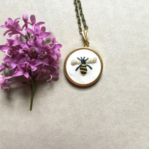 Bee Necklace Hand Embroidered Insect Jewelry Gifts for Her Jewelry Under 50 Embroidery Jewelry Gold Necklace Pendant Bumblebee