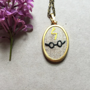 Harry Potter Necklace Hand Embroidered Necklace Nerd Embroidery Gold Jewelry Under 50 Harry Potter Glasses Scar Harry Potter Jewelry