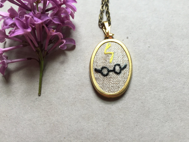 Harry Potter Necklace Hand Embroidered Necklace Nerd Embroidery Gold Jewelry Under 50 Harry Potter Glasses Scar Harry Potter Jewelry