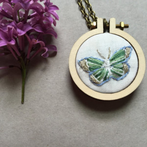 Hand Embroidered Butterfly Jewelry Mini Hoop Necklace Embroidery Butterfly Gifts For Her Jewelry Under 50 Insect Jewelry Embroidery Necklace