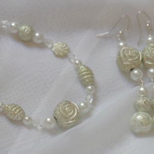 Earring and bracelet set - Champagne roses and pearls