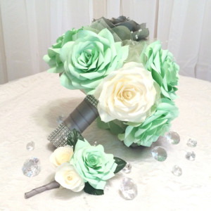 Mint green, grey and ivory handmade paper Rose bouquet and boutonniere, Can be made in any colors, Keepsake toss bouquet,Bridesmaid bouquet
