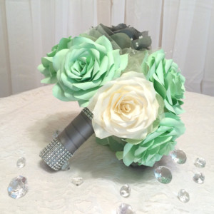 Mint green, grey and ivory handmade paper Rose bouquet and boutonniere, Can be made in any colors, Keepsake toss bouquet,Bridesmaid bouquet