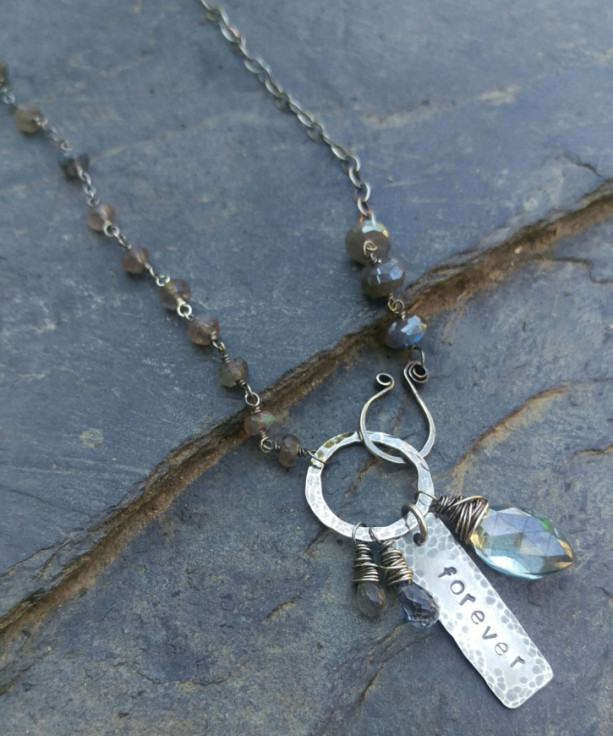 Labradorite Gemstones Linked with Sterling Wire - Handforged Clasp, Hand-stamped Medallion & Gemstone Charms