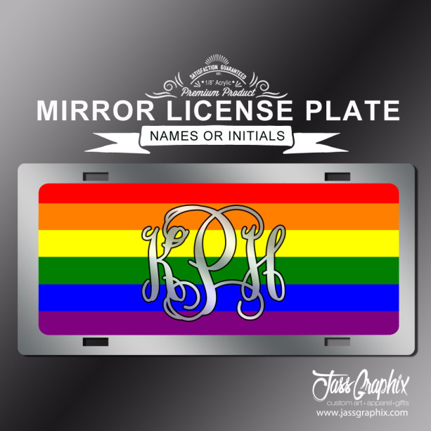 Gay Lesbian Pride Monogrammed Mirror License Plate. Now that's legal show the world on your front bumper. Great wedding gift.