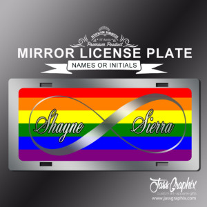 Gay Pride LGBT Infinity Rainbow Mirror License Plate for couples. Now that's legal show the world on your front bumper. Great wedding gift.