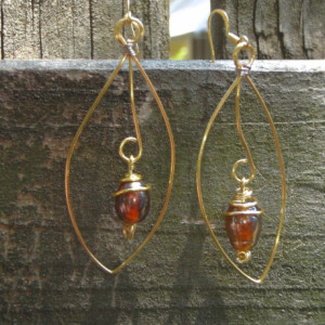 Dangling Teardrop Gold Wire Earrings With Brown Czech Bead in Spirals
