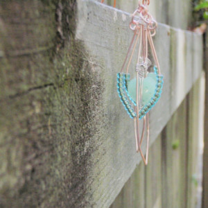 Green Heart Shaped Beach Glass Suspended in Rose Gold Double Drop