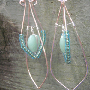 Green Heart Shaped Beach Glass Suspended in Rose Gold Double Drop