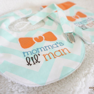 Baby Gift Set – Embroidered Mint Chevron Burp Cloth, Bib and Loop Cord Pacifier Clip