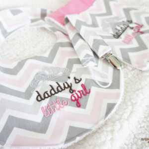 Baby Gift Set – Embroidered Zoom Zoom Bella Pink Burp Cloth, Bib and Loop Cord Pacifier Clip
