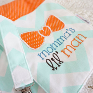Baby Gift Set – Embroidered Mint Chevron Burp Cloth, Bib and Loop Cord Pacifier Clip