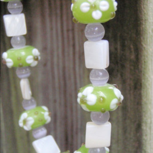 Green Lampwork Glass Bead Necklace and Earrings