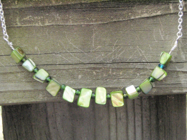 Delicate Green Mother of Pearl and Silver Chain Necklace