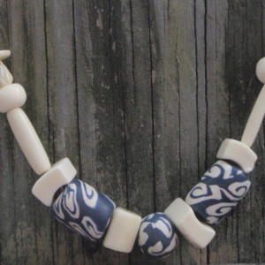 White Mother of Pearl, Bone and Blue Clay Bead Necklace