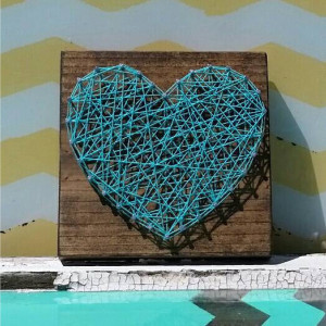 String Art Heart in Teal Blue on Stained Wood. Handmade by Nailed It Designs. Unique Gift Under 10.