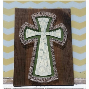 SALE String Art Cross. Green and Cream Paint outlined in Cream colored String Art. On Dark Walnut Stained Wood. Handmade by Nailed It Design
