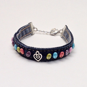 Beaded Denim Cuff Bracelet, Blue Jean Bracelet, Multi Color Beaded Wrap Bracelet, Bohemian Bracelet Eco Friendly Jewelry Braclet Heart Charm