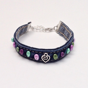 Denim Fabric Bracelet, Friendship Beaded Blue Jean Bracelet, Repurposed Recycled, Denim Wrap Bohemian Cuff Braclet, Purple Green Beads Heart