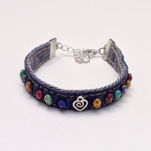 Denim Wrap Bracelet, Friendship Bead Denim Braclet, Eco Friendly Jewelry, Bohemian Cuff Bangle, Blue Jean Bracelet Heart Charm, Multi Color