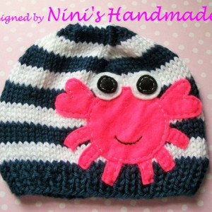 Knit Baby  Beanie with Hot pink Crab applique, quality hats, baby crochet hat, childrens clothing, girls , crab hat, crab applique hats
