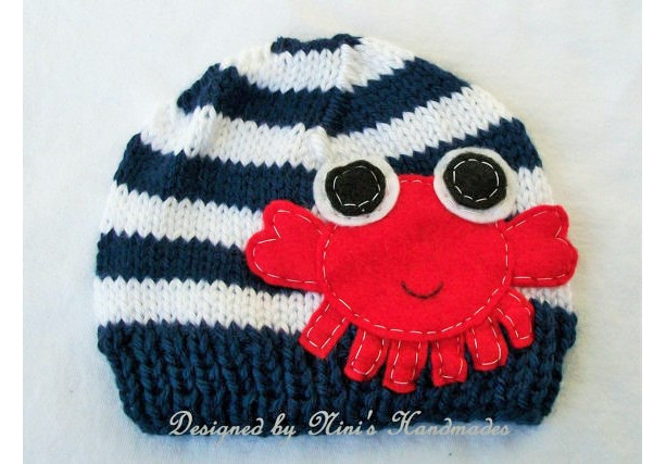 Knit Baby  Beanie with Crab applique, Made in America, quality hats, baby crochet hat, childrens fashion, childrens clothing and accessories