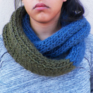 A Hand Knitted Navy Blue and Olive Green Infinity Scarf