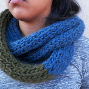 A Hand Knitted Navy Blue and Olive Green Infinity Scarf