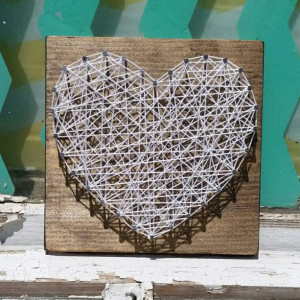 String Art Heart in White on Stained Wood. Unique Gift Idea by Nailed It Designs.