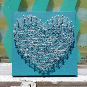 Sparkly String Art on Teal Blue Board. Unique Gift Idea by Nailed It Designs. Gifts under 10.