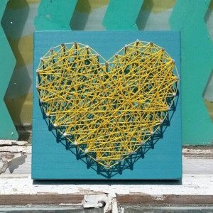 Yellow String Art Heart on Teal Blue. Unique Gift Idea Under 10. Handmade by Nailed It Designs.