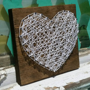 String Art Heart in White on Stained Wood. Unique Gift Idea by Nailed It Designs.