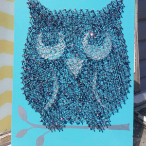 String Art Glitter Owl on Teal Blue. Unique Gift Idea Handmade by Nailed It Design.